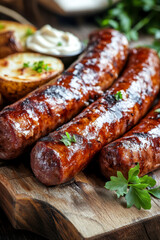 Baked sausage with baked potato. AI generative.