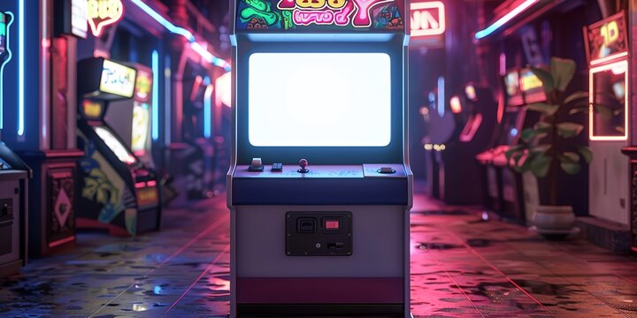 Retro arcade machines in neon-lit room