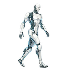 An illustration of a robot walking, strong facial expression