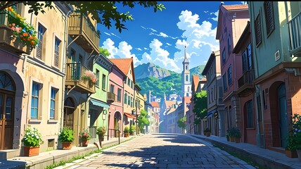 Landscape anime europe street in the old town clear sky