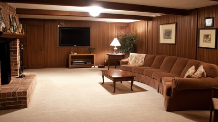Fototapeta premium A living room with a brown sectional sofa, a coffee table, a fireplace, and a TV.