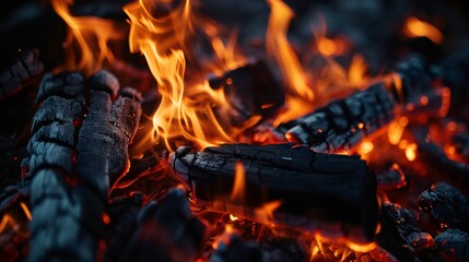 A close-up crackling flames in a campfire the wood burning. fire texture background.