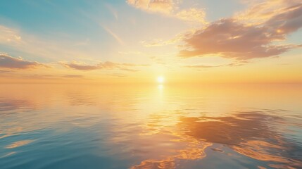 Fototapeta premium A serene sunset over calm ocean waters, showcasing vibrant colors of orange, pink, and blue, creating a peaceful atmosphere.