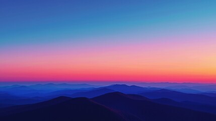 A stunning sunset over rolling mountains, showcasing vibrant hues of pink, purple, and blue in a serene landscape.
