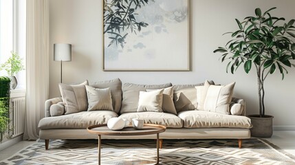Decorative living room with patterned carpet and painting above sofa. Real photo