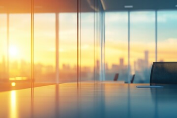 Fototapeta premium Beautiful blurred background of a light modern office interior with panoramic windows and beautiful lighting with generative ai