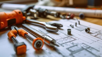 Fototapeta premium Wrenches and bolts on top of an architectural drawing with a composition of construction technical equipment with slight metallic tones of copper and brass