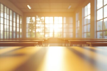 Beautiful blurred background of bright classroom and study room with panoramic windows and beautiful lighting. Blurred Empty school background with generative ai