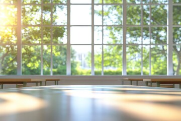Fototapeta premium Beautiful blurred background of bright classroom and study room with panoramic windows and beautiful lighting. Blurred Empty school background with generative ai