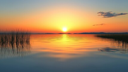 Obraz premium A breathtaking sunset over calm water, reflecting warm hues and soft clouds, creating a peaceful and serene atmosphere.
