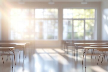 Beautiful blurred background of bright classroom and study room with panoramic windows and beautiful lighting. Blurred Empty school background with generative ai