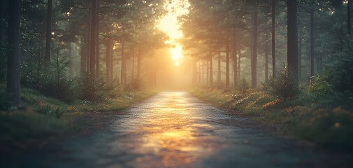 A captivating road through a tranquil pine forest illuminated by a warm, glowing sunrise, painting a serene and enchanting morning scene.