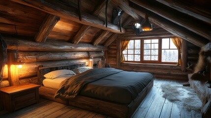 Cozy wooden cabin bedroom with a view of a snowy forest outside the window.