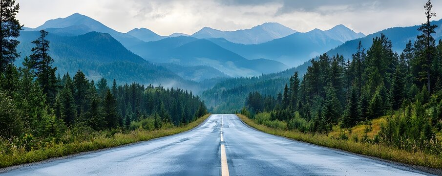 Endless road leading through a serene forest into the majestic mountains under a cloudy sky, inviting exploration and adventure.