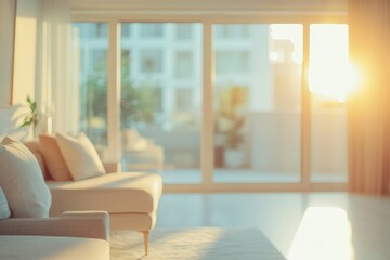 Fototapeta premium Blur living room at home with morning sunlight at big window for background usage. blur interior background concept. white, britht tone with generative ai
