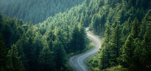 A picturesque winding road cuts through a dense, sunlit pine forest, creating a serene and captivating natural landscape.