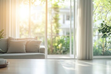 Blur living room at home with morning sunlight at big window for background usage. blur interior background concept. white, britht tone with generative ai