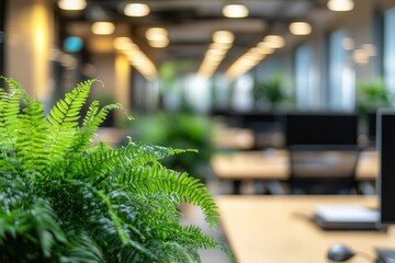 Blurred Interior Modern Office Working Space With Green Scenery with generative ai