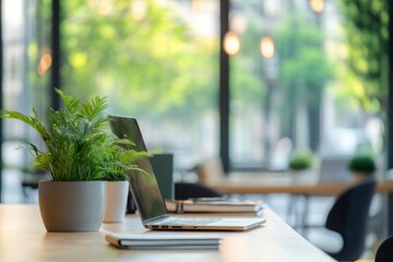 Fototapeta premium Blurred Interior Modern Office Working Space With Green Scenery with generative ai