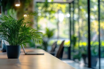 Blurred Interior Modern Office Working Space With Green Scenery with generative ai