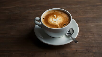 A cup of coffee on wooden table ready to serve. copy space image. 