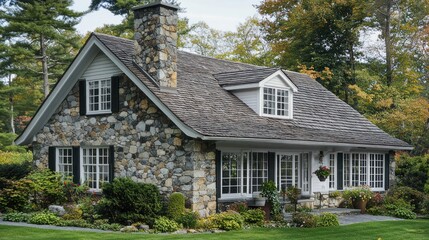 Stone cottage with a shingled roof and manicured landscaping.
