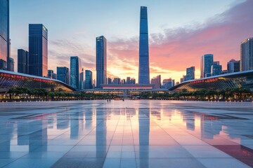 Obraz premium City square and skyline with modern buildings in Shenzhen at sunset, Guangdong Province, China with generative ai