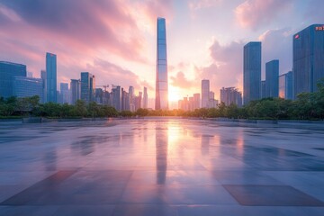 Obraz premium City square and skyline with modern buildings in Shenzhen at sunset, Guangdong Province, China with generative ai