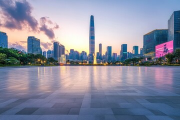 Obraz premium City square and skyline with modern buildings in Shenzhen at sunset, Guangdong Province, China with generative ai