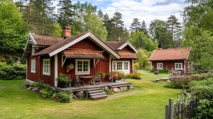 A red wooden cabin with a porch and a table and chairs sits on a grassy lawn. A smaller cabin is visible in the background, surrounded by trees.