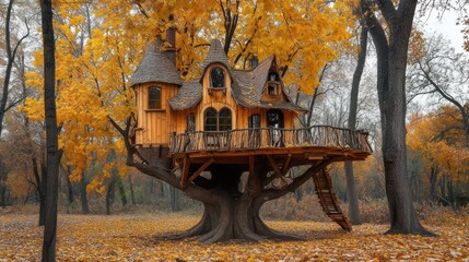 A charming wooden treehouse with a shingled roof, a balcony, and a ladder, set amidst a lush, autumnal forest with golden leaves covering the ground.