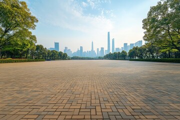 Obraz premium Guangzhou city center empty brick floor and skyline in China with generative ai