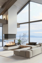 Luxury minimalist living room, with modern fire place, two floor high ceiling. Sea view outside the window. Spacious cozy sofa.