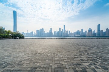 Guangzhou city center empty brick floor and skyline in China with generative ai
