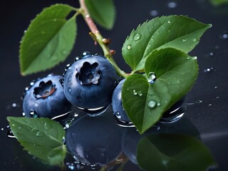 branch and some blueberries with green leaves on the glass, water drops, black background