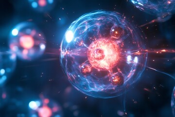 Obraz premium Macro shot of deuterium and tritium nuclei fusing to form helium and a neutron, illustrating the fusion process. High-resolution, detailed textures, crisp focus