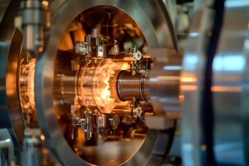 Fototapeta premium Detailed view of plasma diagnostics equipment, illustrating the tools used to study fusion reactions. High-resolution, detailed textures, crisp focus