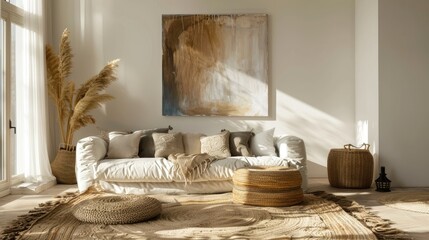 Artistic sunlight shadows on neutral wall with abstract painting. Elegant, bright living room design with cozy sofa, pillows, and straw rug