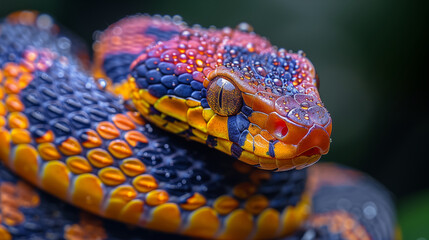 Fototapeta premium Colorful snake with water droplets on vibrant scales in extreme close-up. Concept of wildlife, beauty in nature, and exotic animals.