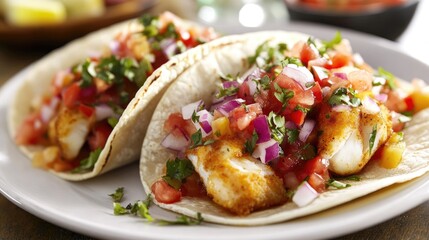 Close-up view of two fish tacos loaded with fresh toppings, served on a white plate, showcasing the vibrant colors and textures of this delicious dish.