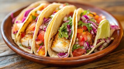 Delicious fish tacos served on a rustic plate, with fresh ingredients and vibrant colors, perfect for a close-up food shot.