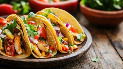 Delicious fish tacos served on a rustic plate, with fresh ingredients and vibrant colors, perfect for a close-up food shot.