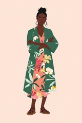 Minimalism illustration, a Black woman, wearing a green kimono with a floral dress and strappy sandals, with her arms crossed, bohemian fashion, boho, flat illustration on light pink background