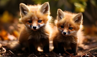 Obraz premium photography of two little foxes playing, ultra realistic fox in nature