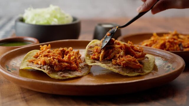A hand preparing a pair of tostadas with chicken tinga, mexican toast