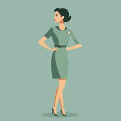 Fototapeta premium Minimalism illustration, a Caucasian woman, wearing a sheath dress with a brooch, standing with one hand on her hip, vintage retro fashion, flat illustration on soft teal background 