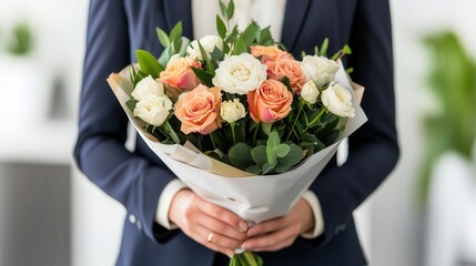 Female boss receiving a bouquet of flowers from her team, smiles and gratitude, Bosss Day appreciation, professional setting