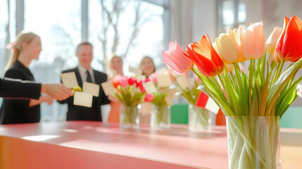 Employees decorating bosss desk with thankyou notes, boss smiling broadly, Bosss Day event, gratitude and personal touch