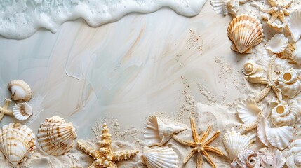 Obraz premium Seashell and sandy texture beach wedding invitation. perfect for creating eye-catching banner ads, social media graphics, and wedding invitations.