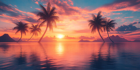 A picturesque tropical sunset featuring brilliant colors of orange and purple, casting a warm glow over the tranquil sea.